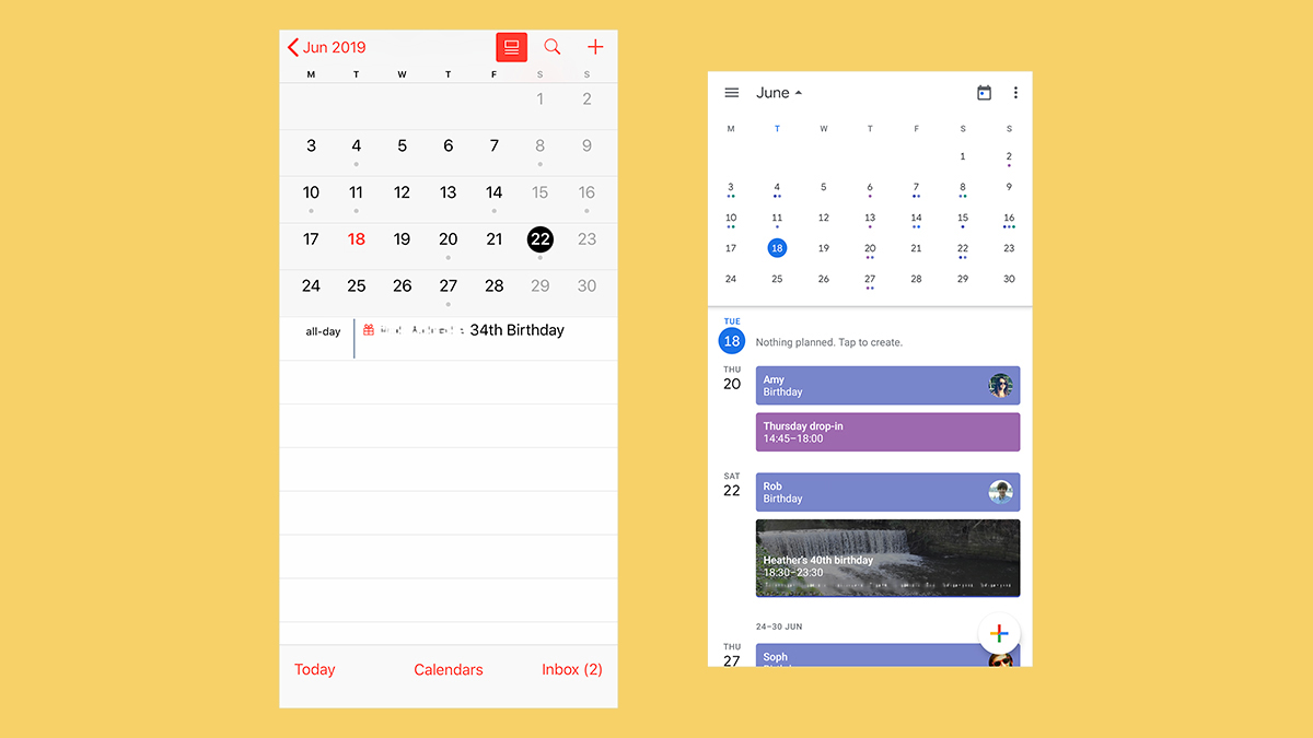 Apple Calendar (left) and Google Calendar (right).